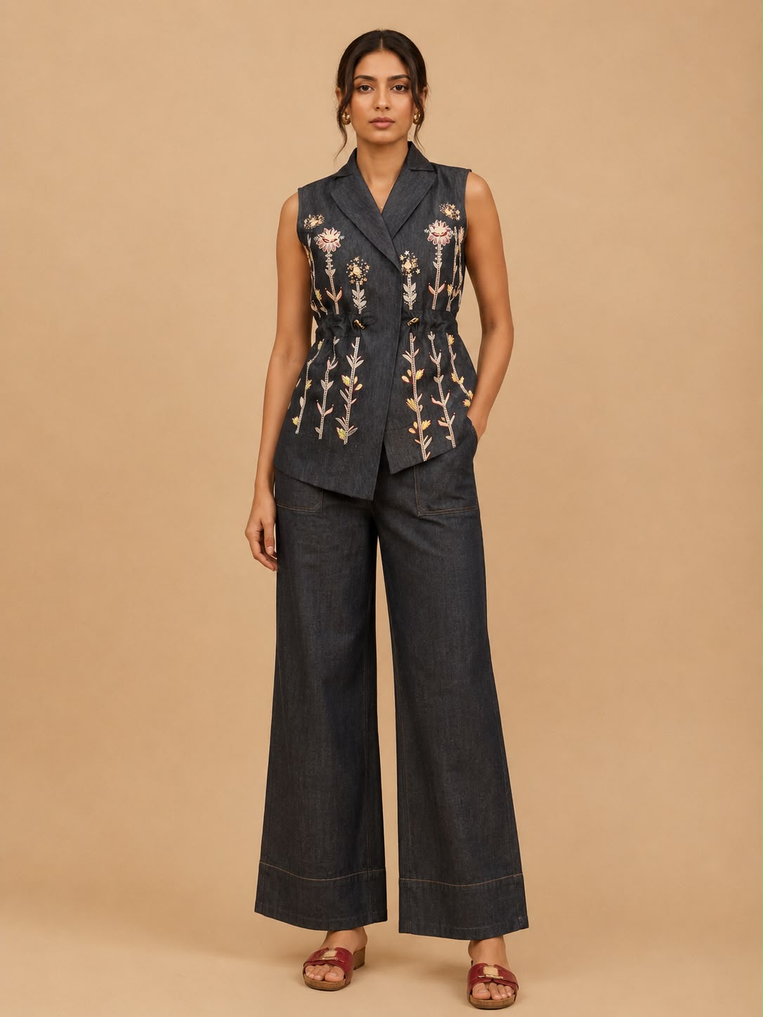Midnight Bloom Denim Embroidered Co-Ord Set