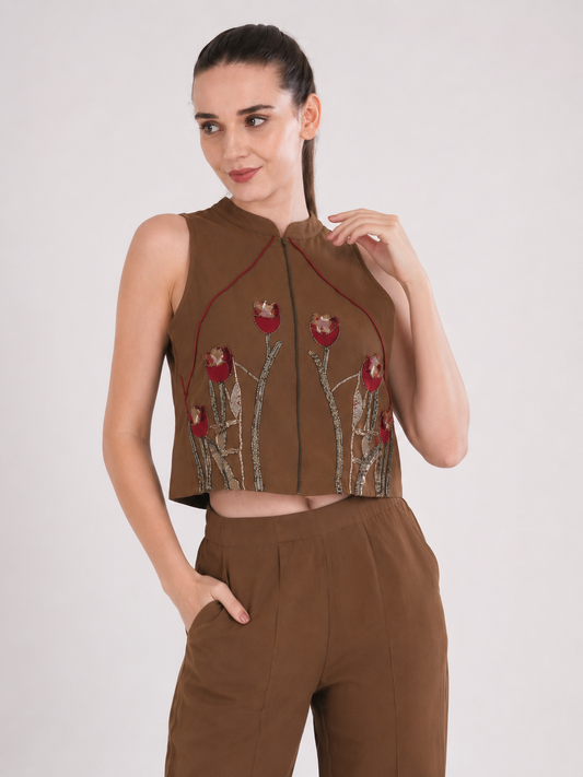 Mocha Floral Embroidered Crop Top