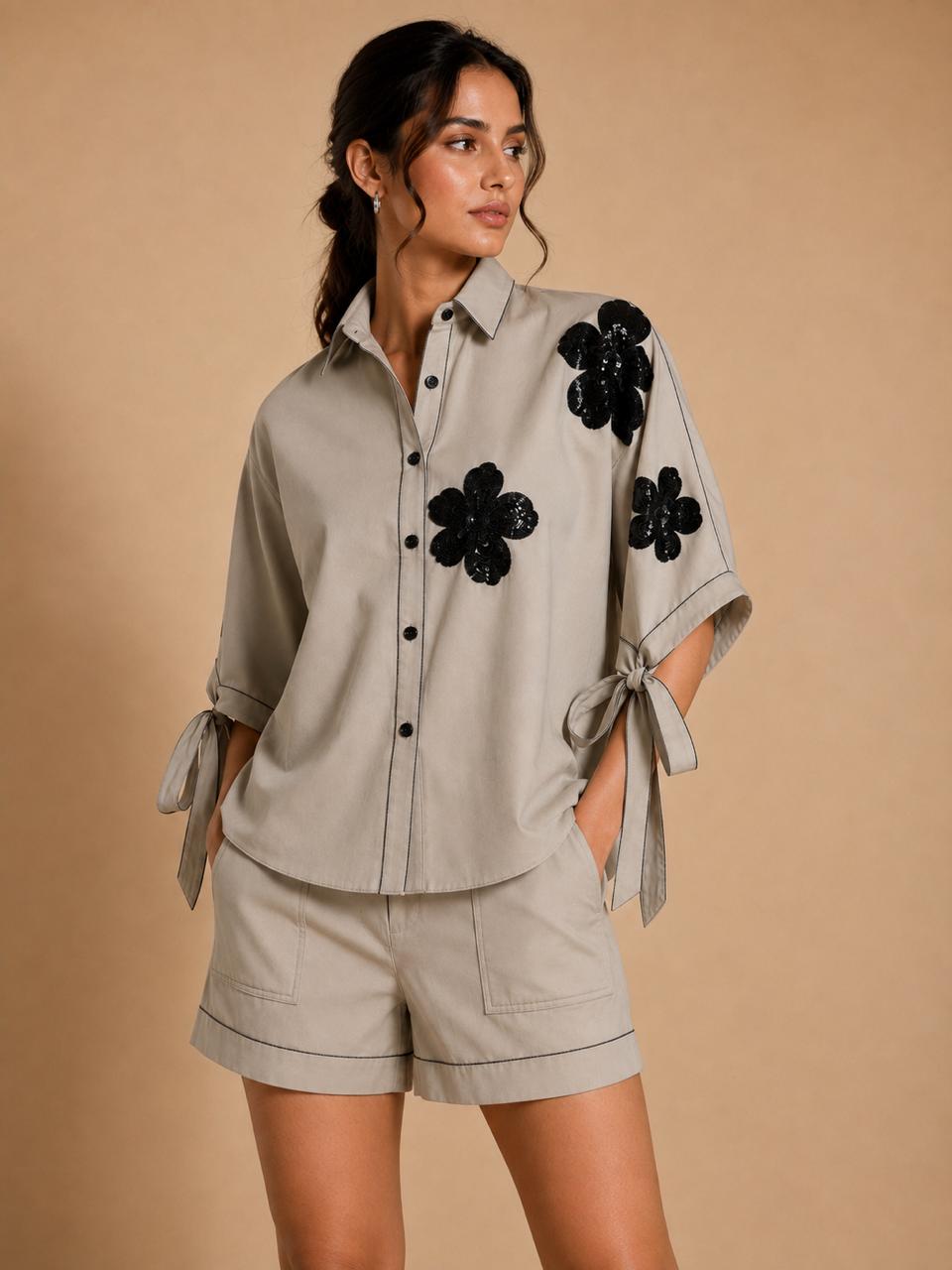 Noir Bloom Tie-Sleeve Shirt & Shorts Co-Ord Set