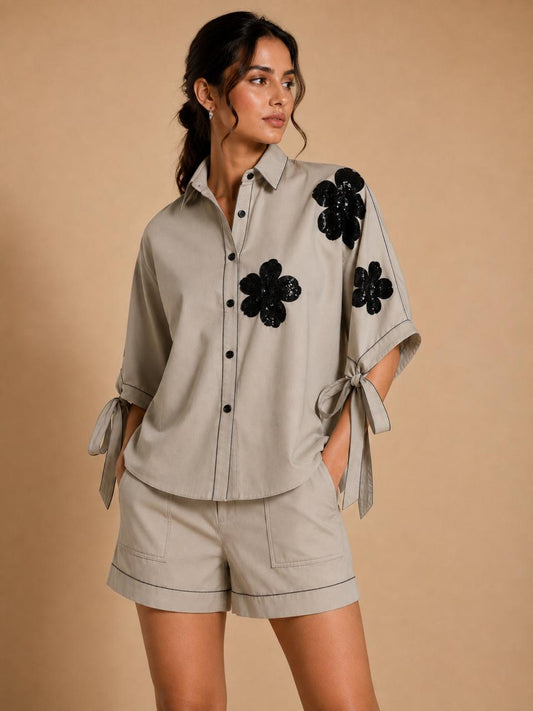 Noir Bloom Tie-Sleeve Shirt & Shorts Co-Ord Set