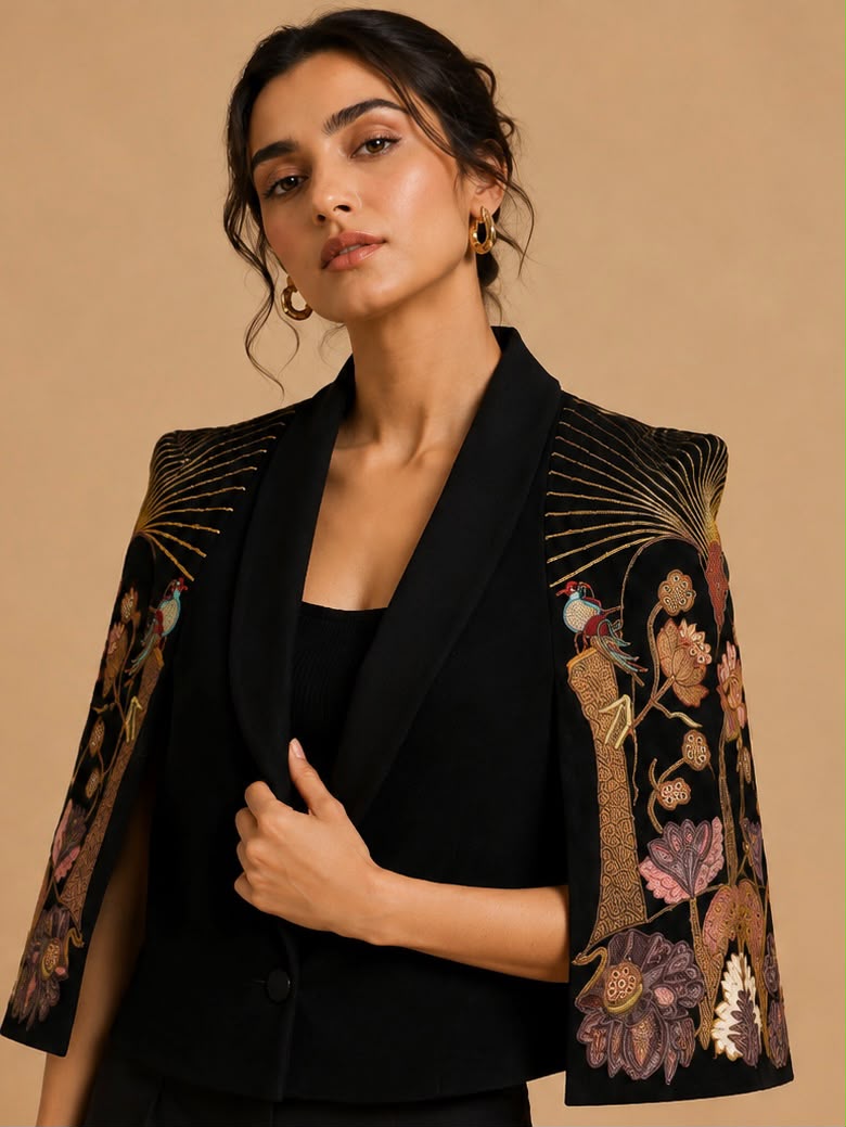 Midnight Botanica Embroidered Blazer & Draped Skirt Set