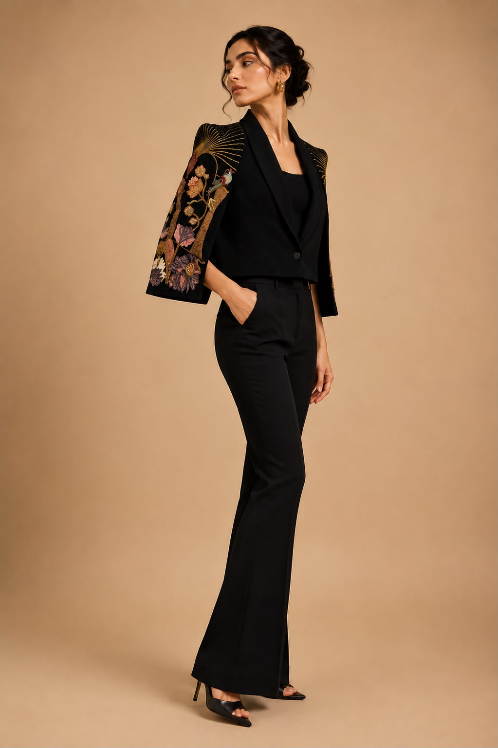 Midnight Botanica Embroidered Blazer & Draped Skirt Set