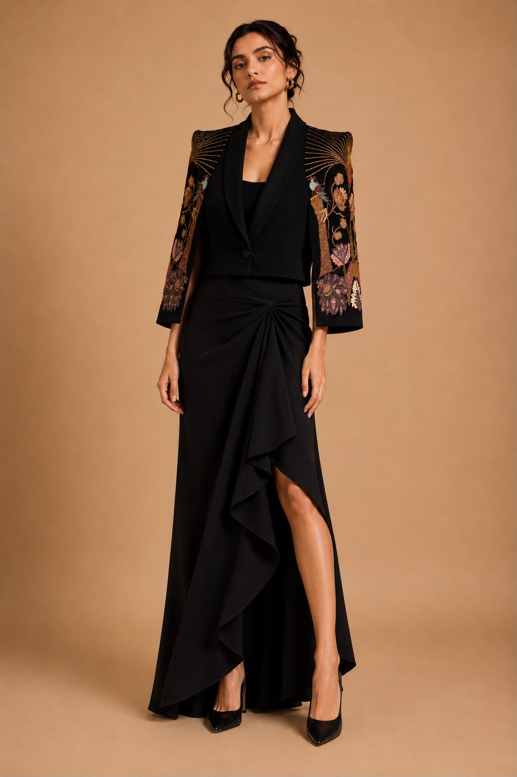Midnight Botanica Embroidered Blazer & Draped Skirt Set