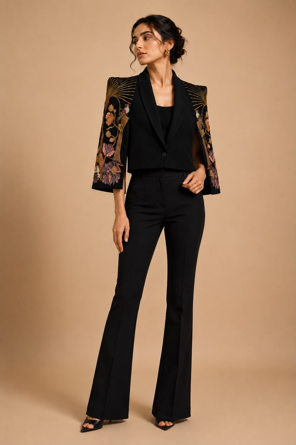 Midnight Botanica Embroidered Blazer & Draped Skirt Set