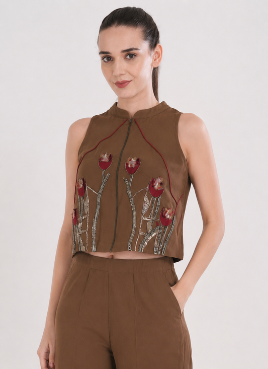Mocha Floral Embroidered Crop Top