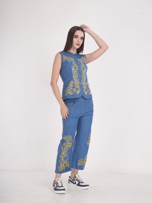 Floral Embroidered Denim Co-Ord Set