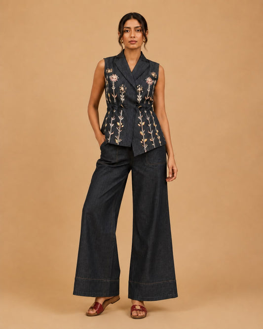 Midnight Bloom Denim Embroidered Co-Ord Set