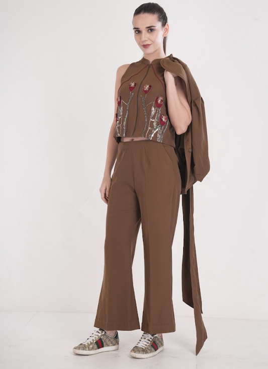 Mocha Floral Embroidered Luxe Three-Piece Set